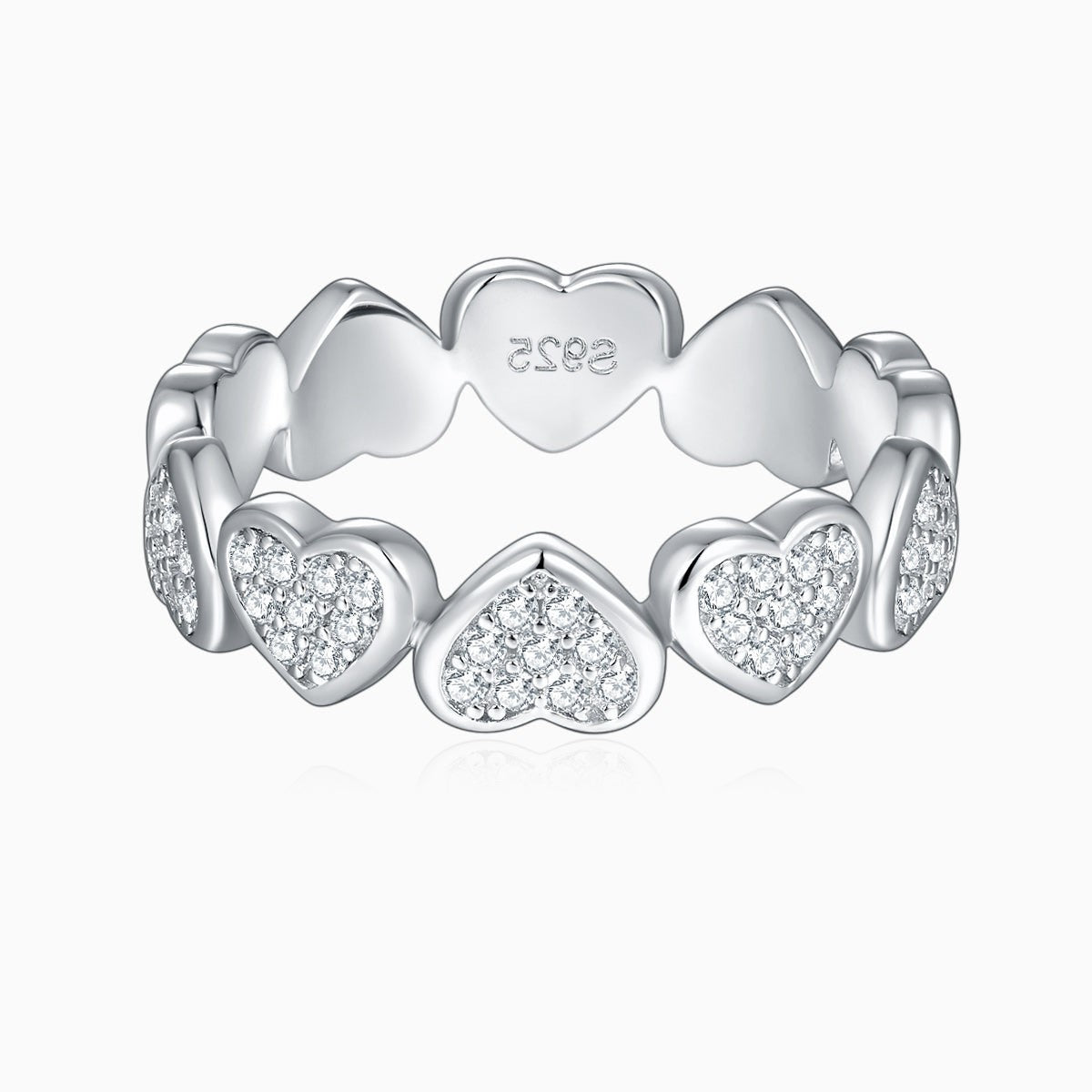 Heart moissanite wedding band with raised heart stones, white gold vermeil finish