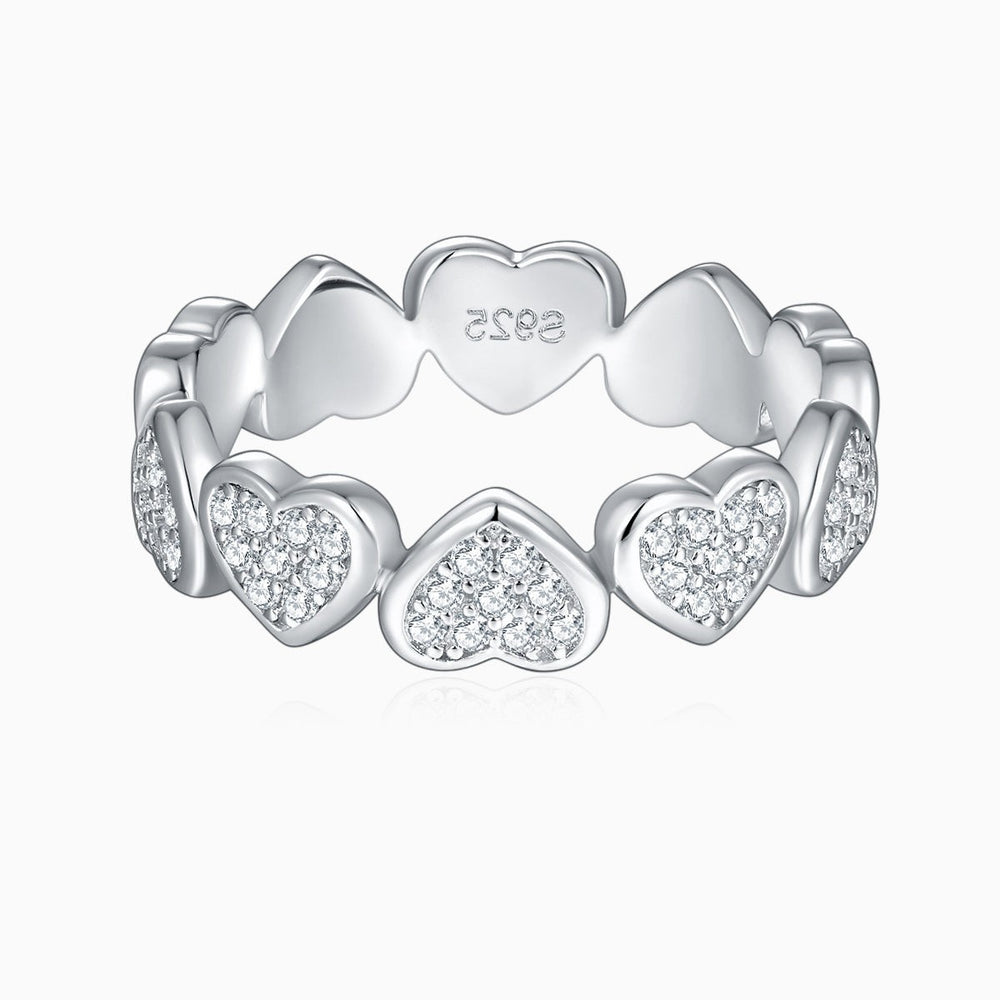Heart moissanite wedding band with raised heart stones, white gold vermeil finish