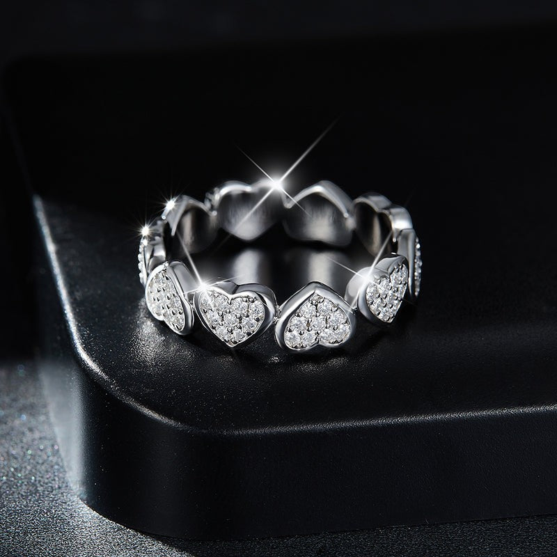 Heart moissanite wedding band, six heart stone settings, white gold vermeil finish