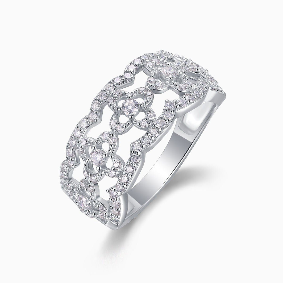 White gold vermeil hollow-cut moissanite band ring, raised oval center and pavé