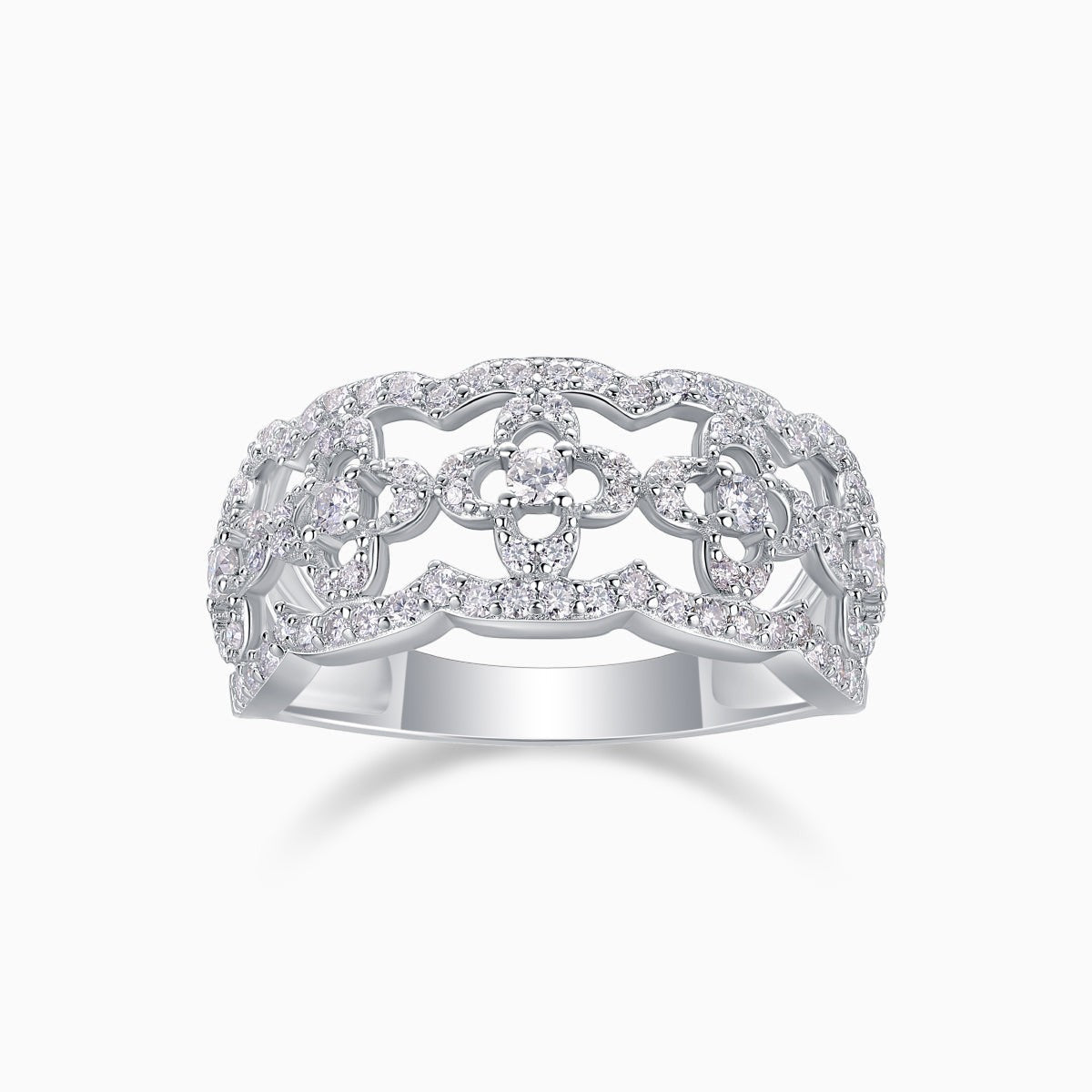 White gold vermeil moissanite band ring, hollow-cut lattice with pavé sparkle