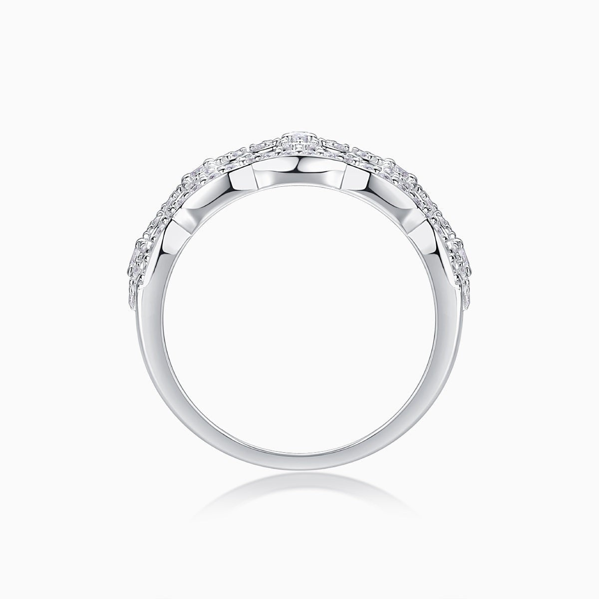 Hollow-cut moissanite band ring, slim white gold vermeil profile with pavé edges