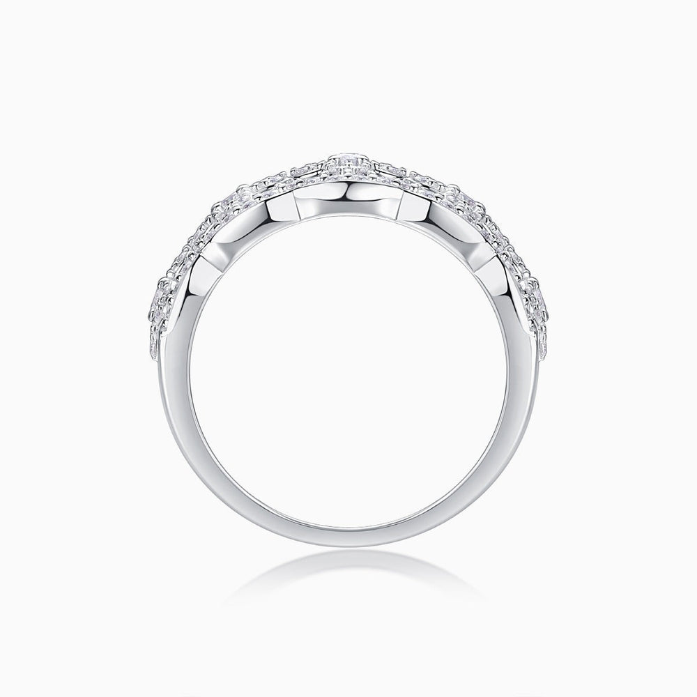 Hollow-cut moissanite band ring, slim white gold vermeil profile with pavé edges