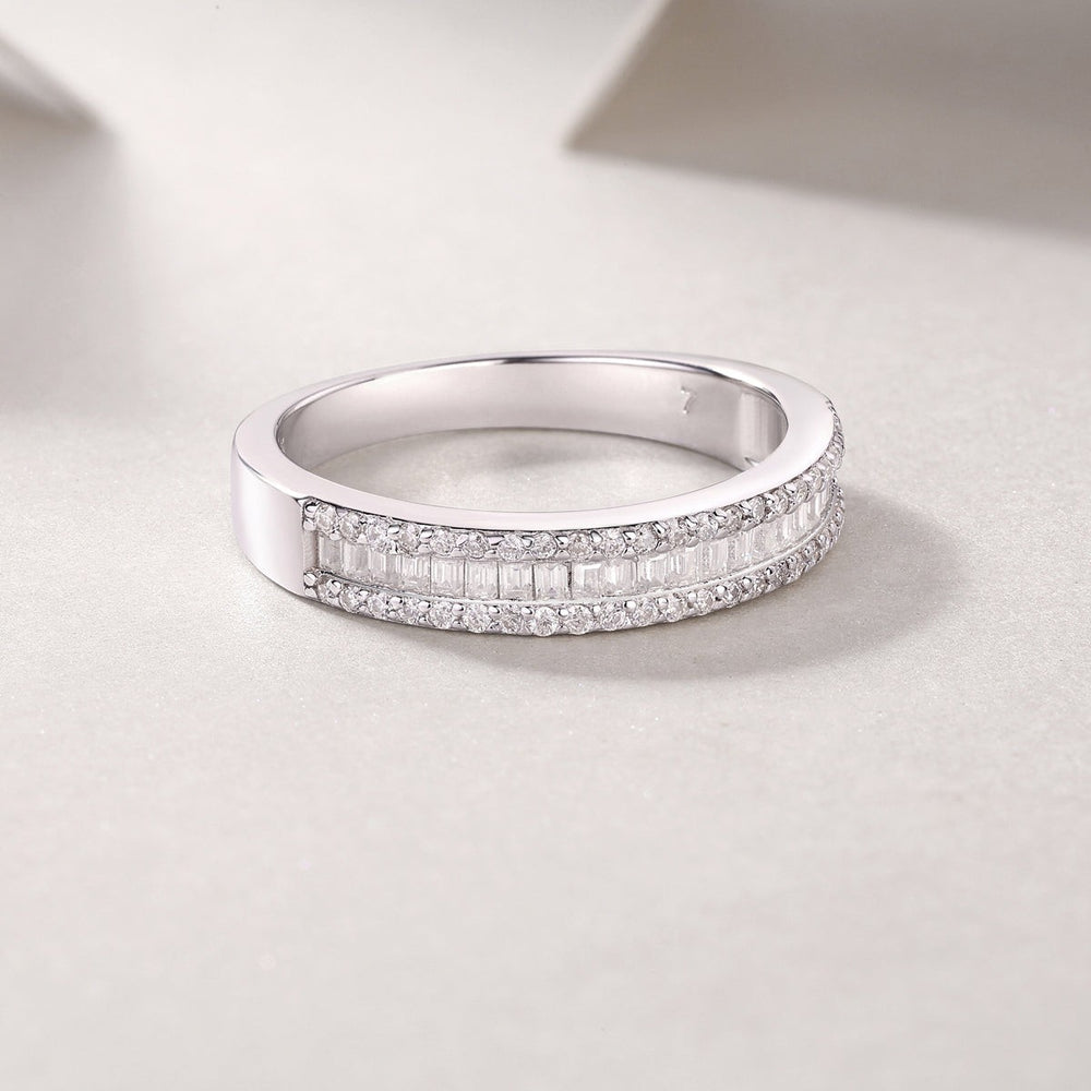 Cylen moissanite half-row stacking band ring, white gold vermeil, glittering top row