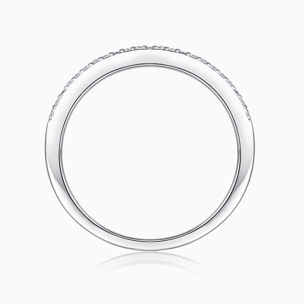 Moissanite half-row stacking band ring, white gold vermeil, plain inside profile view