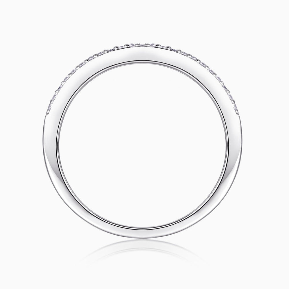 Moissanite half-row stacking band ring, white gold vermeil, plain inside profile view