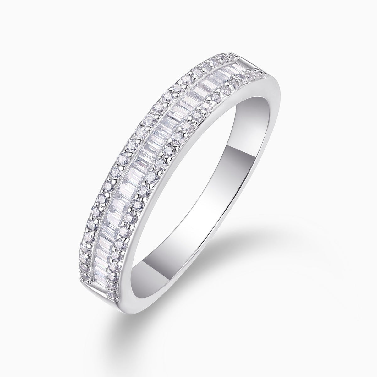 Moissanite half-row stacking band ring, white gold vermeil with alternating gemstone settings