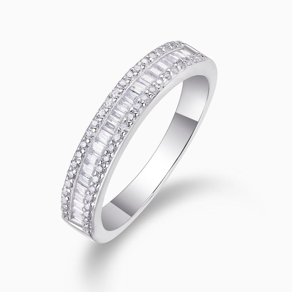 Moissanite half-row stacking band ring, white gold vermeil with alternating gemstone settings