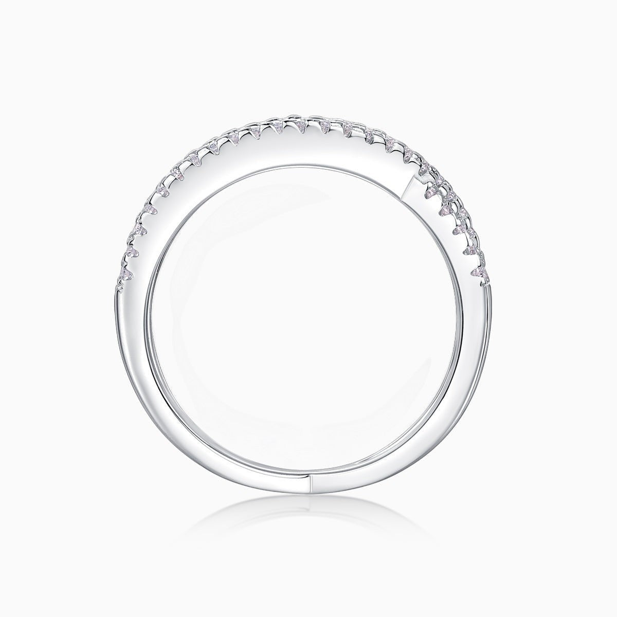 Back view of criss-cross wide band moissanite ring with pavé-set stones