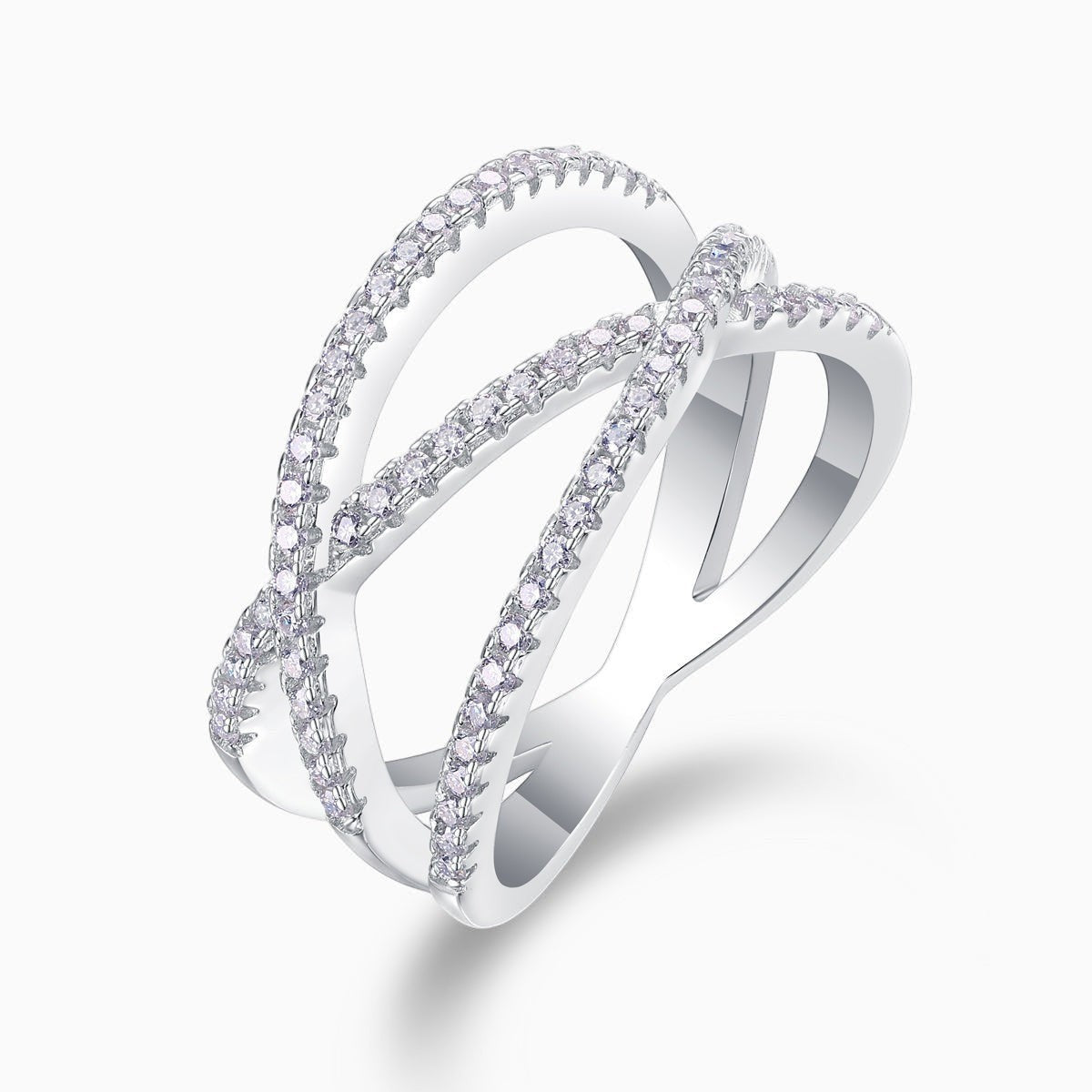 Side view: criss-cross wide band moissanite ring with pavé detailing