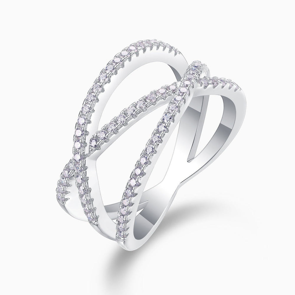 Side view: criss-cross wide band moissanite ring with pavé detailing