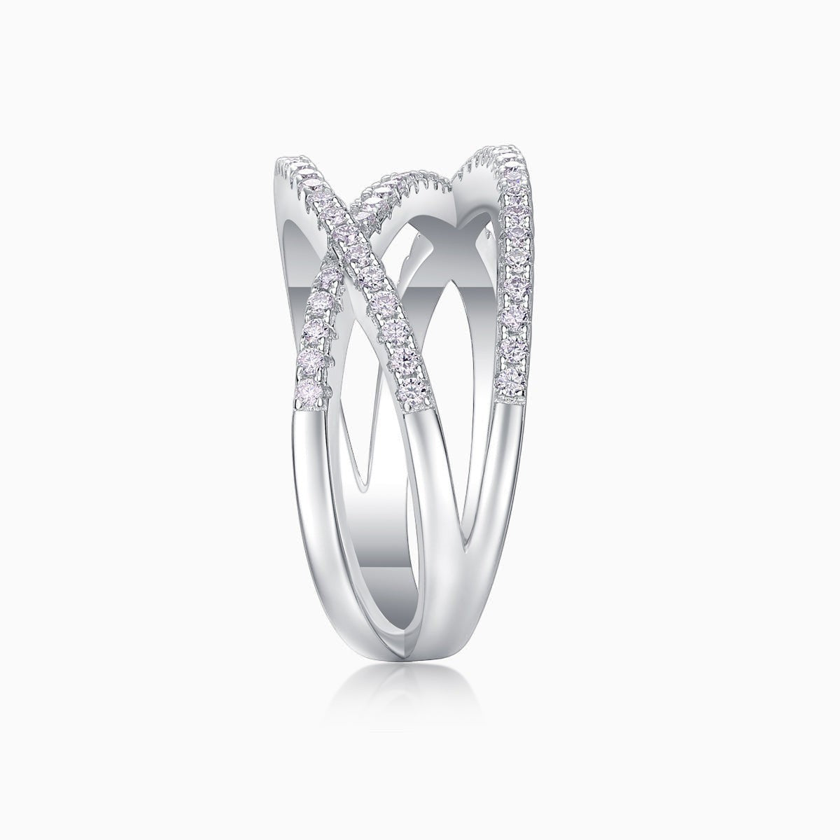 Criss-cross wide band moissanite ring with slim prongs and pavé stone rows