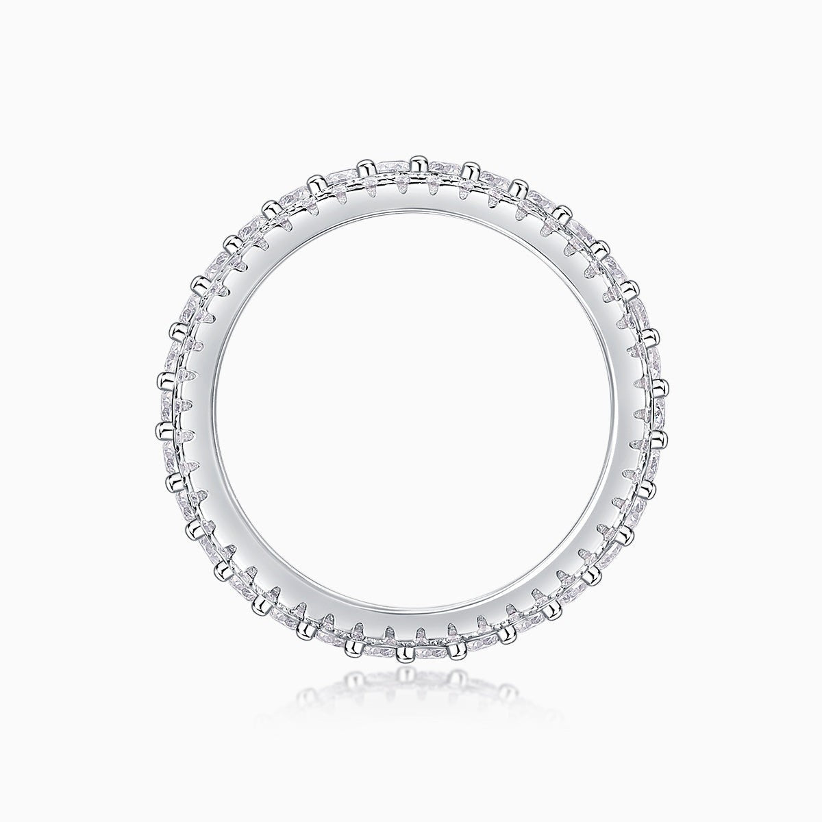 Moissanite pavé eternity band ring front view, round profile with fully set stones