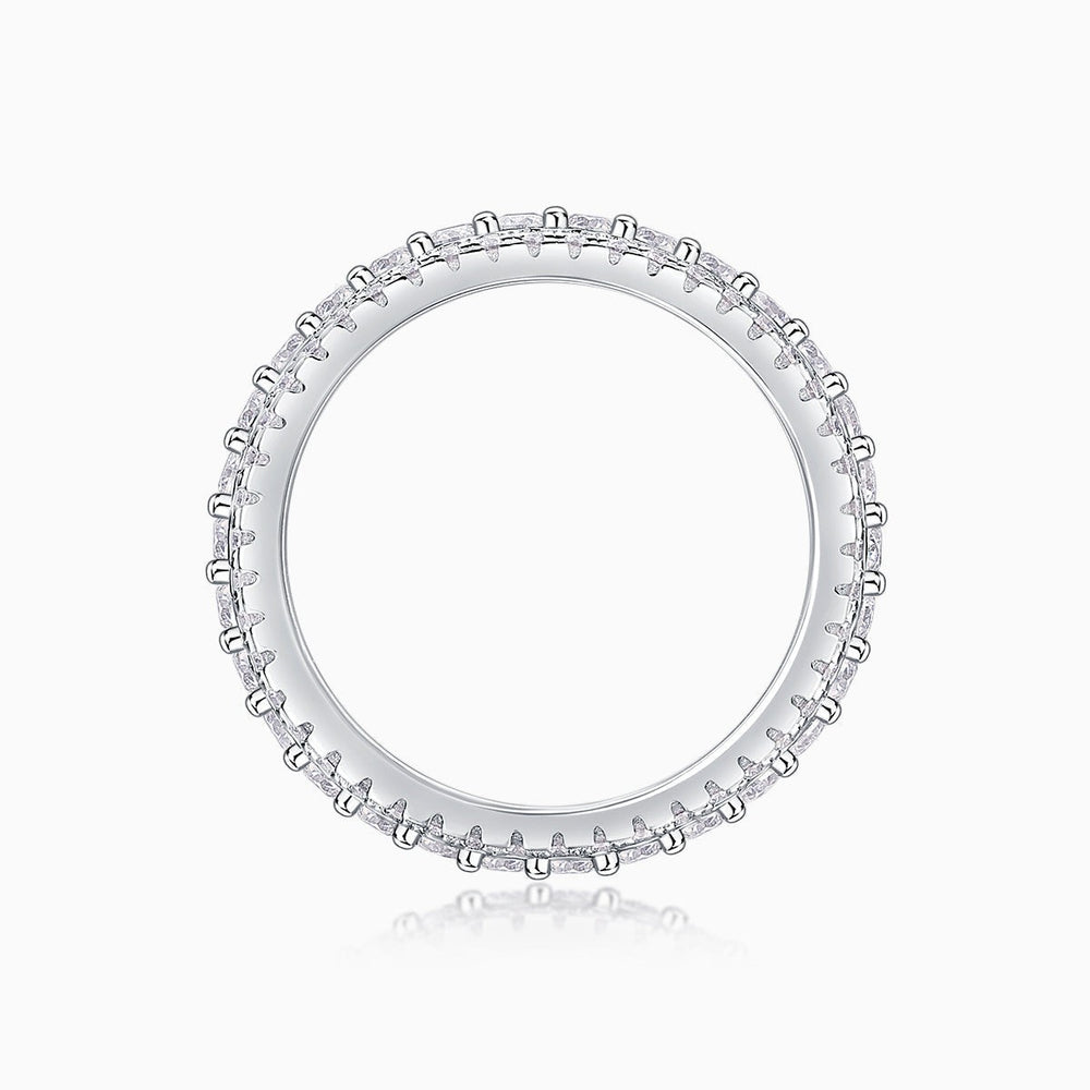 Moissanite pavé eternity band ring front view, round profile with fully set stones