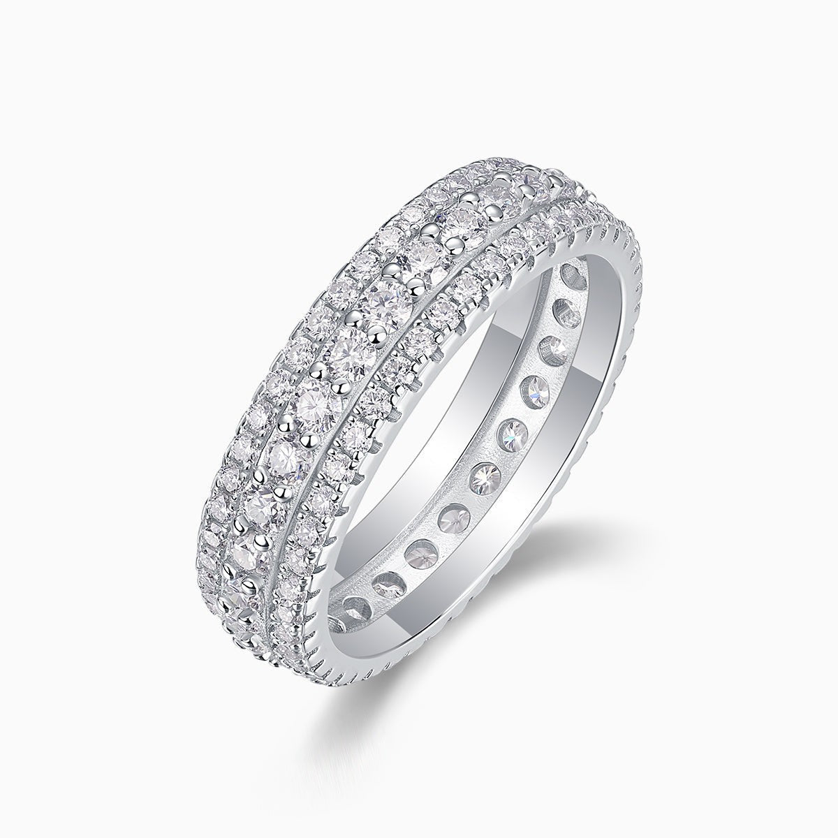 Moissanite pavé eternity ring angled view, smooth band with raised stone prongs