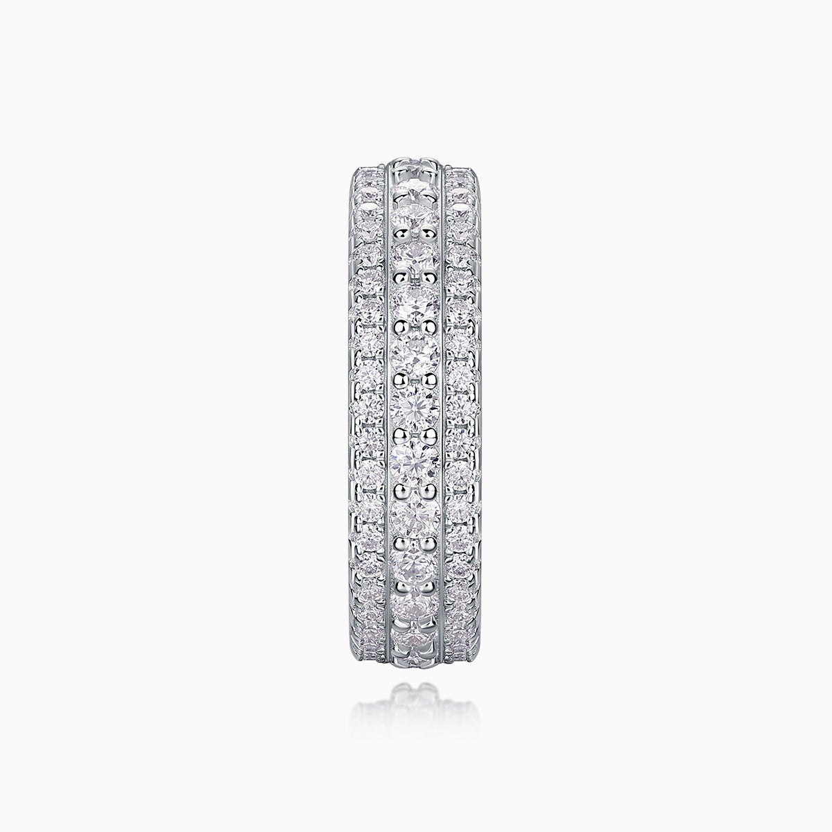 Moissanite pavé eternity band ring side view, stacked rows of small stones