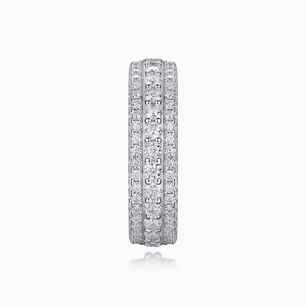 Moissanite pavé eternity band ring side view, stacked rows of small stones