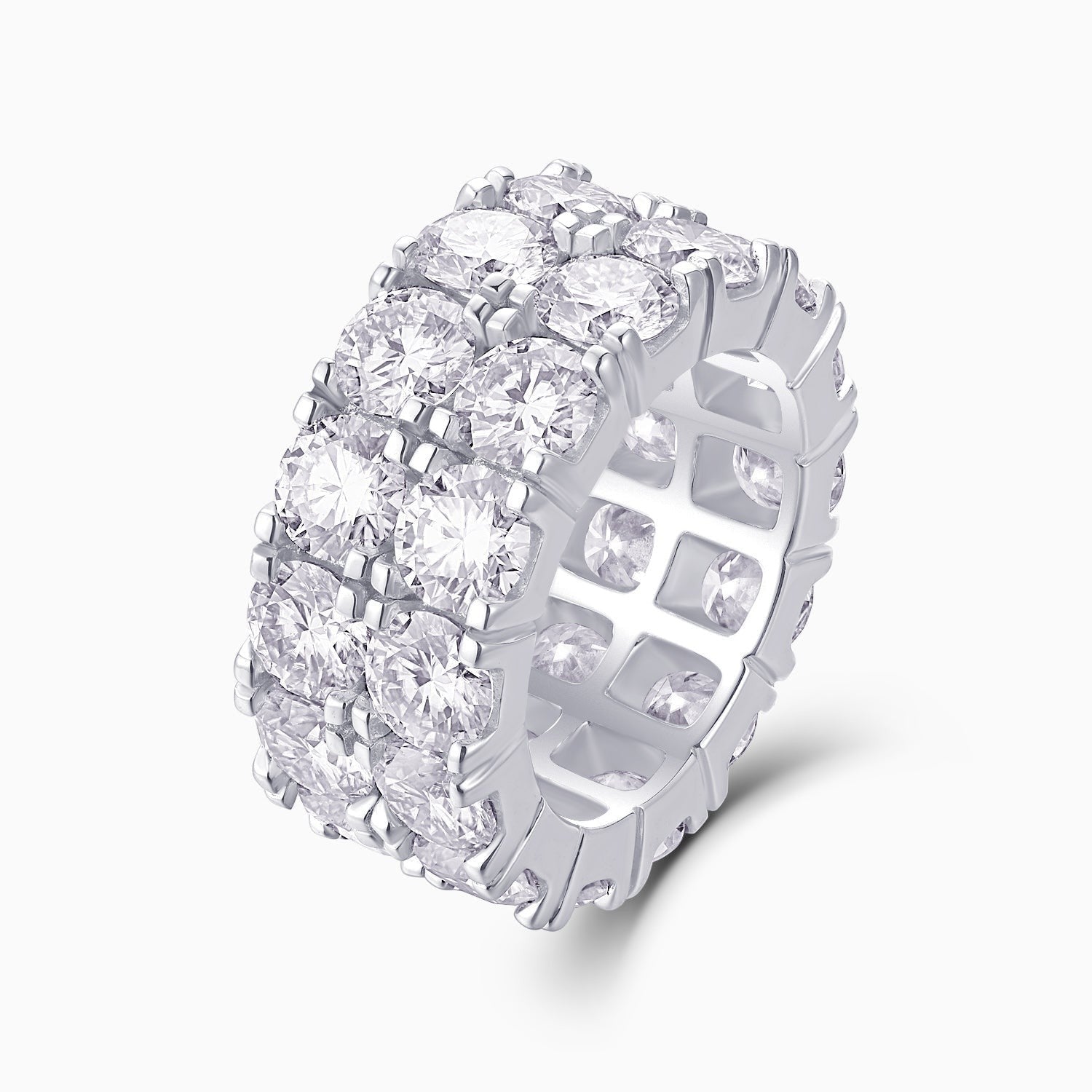 Double-row moissanite eternity band in white gold vermeil with bezel-set stones