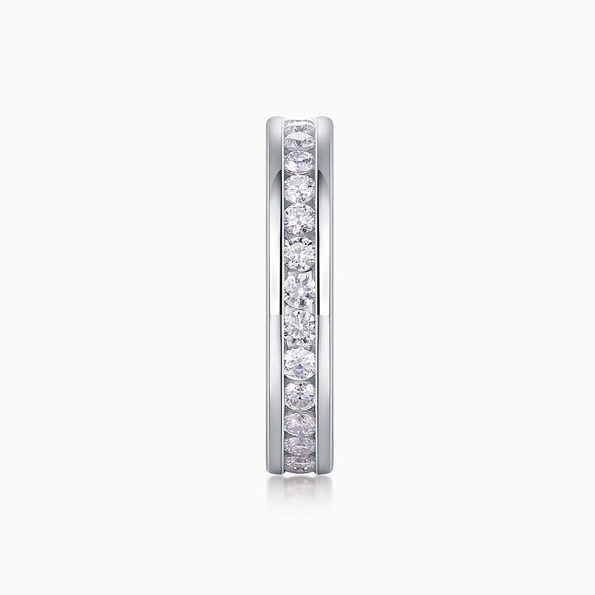 Slim eternity band, side view of metal frame with vertical row of round stones
