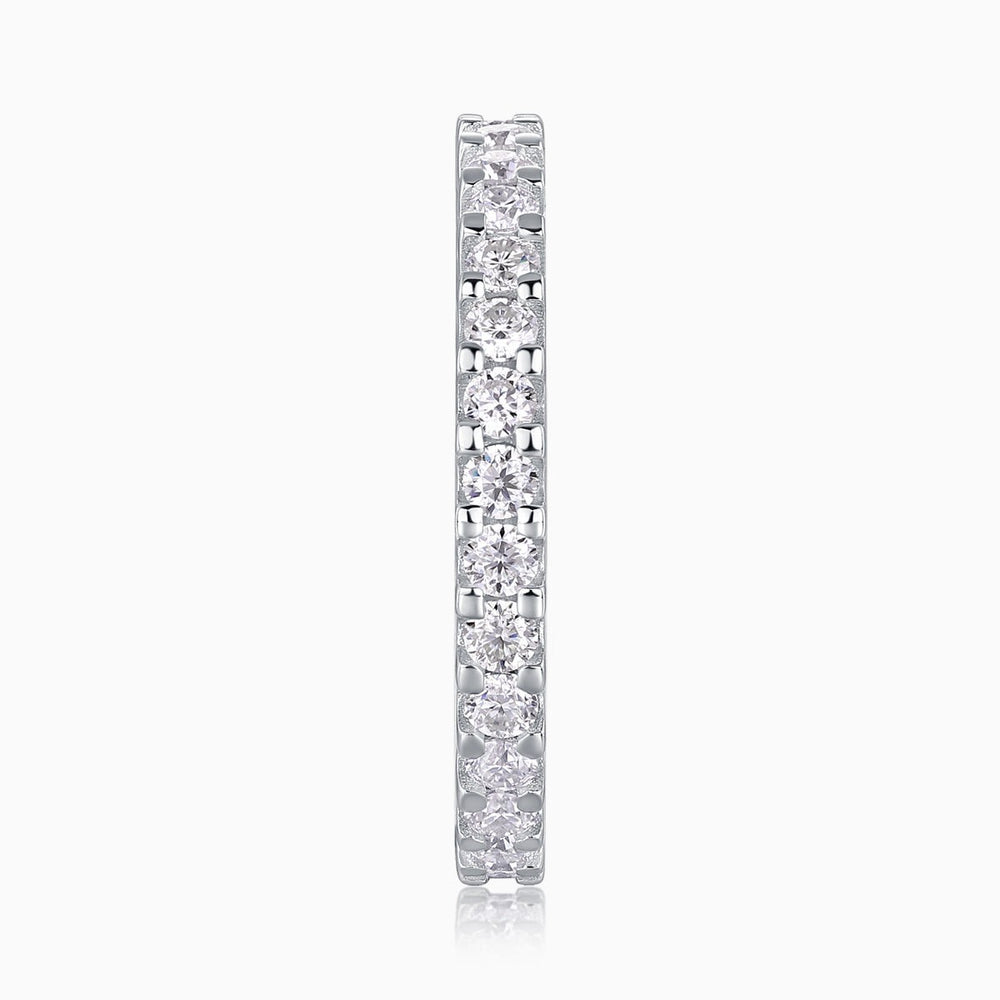 Moissanite pavé eternity band, slim profile with stacked round stones in pavé setting