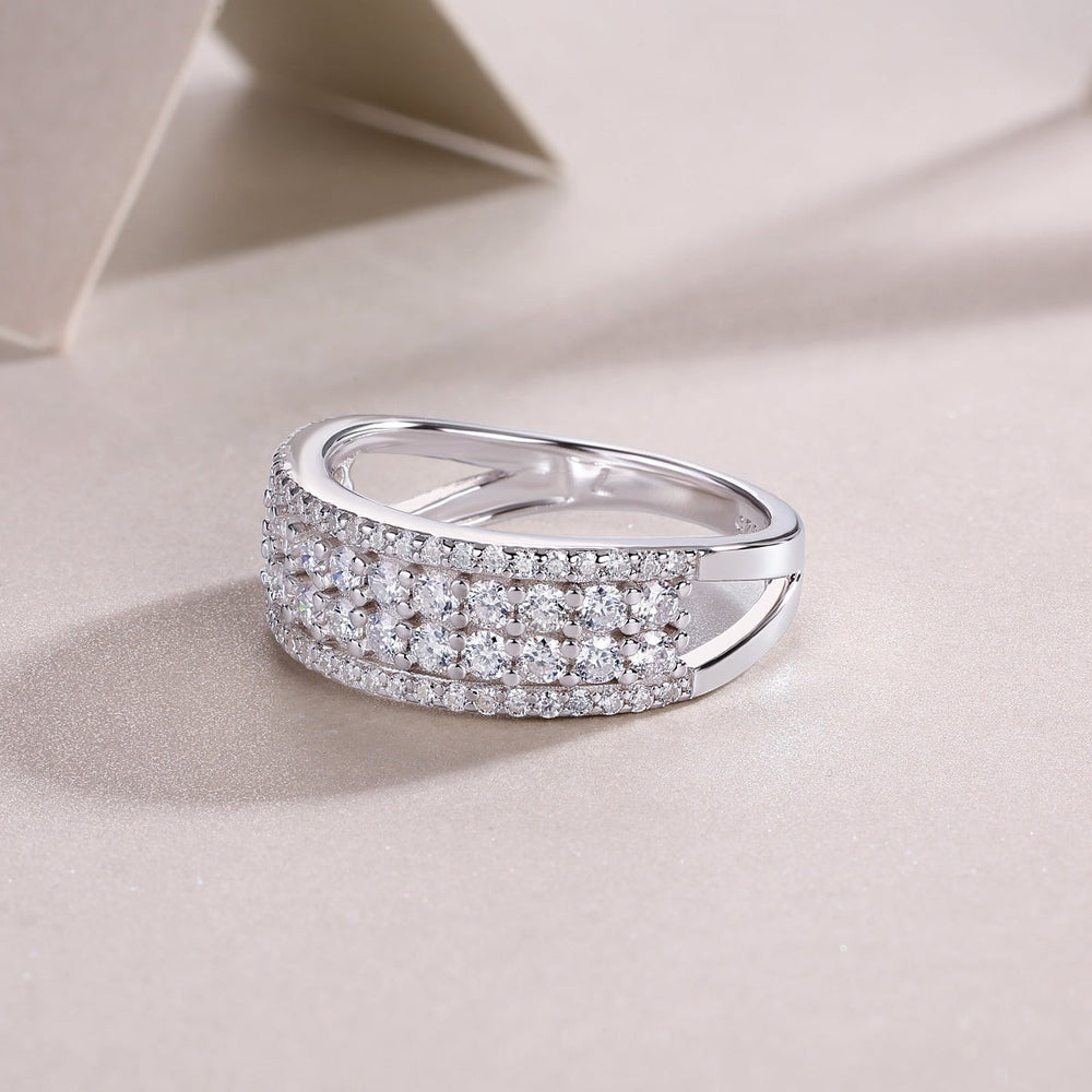 Four-row pavé moissanite eternity band, white gold vermeil, open inner-band view