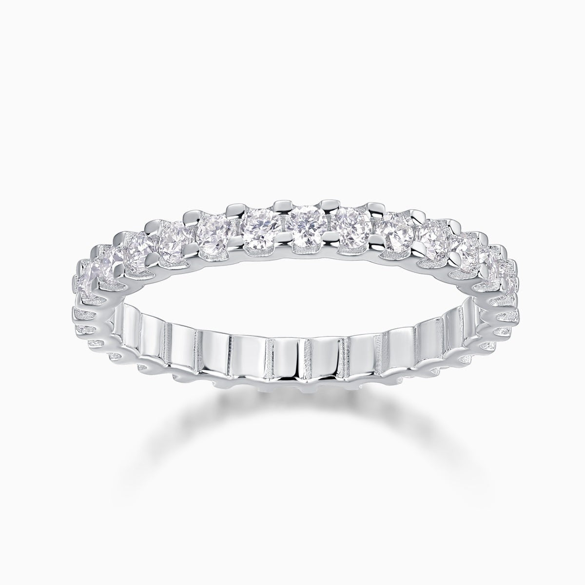 White gold vermeil moissanite pavé eternity band with a continuous row of round stones