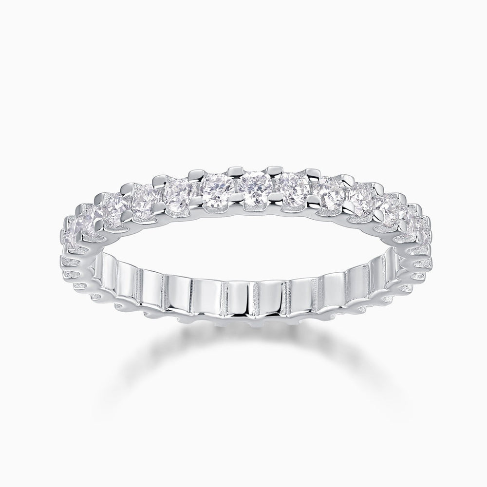 White gold vermeil moissanite pavé eternity band with a continuous row of round stones