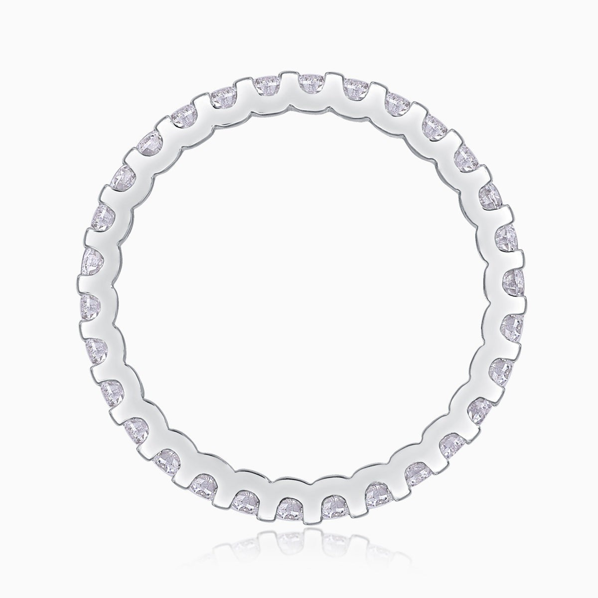 Moissanite pavé eternity band, top view with uniform round stones around the band