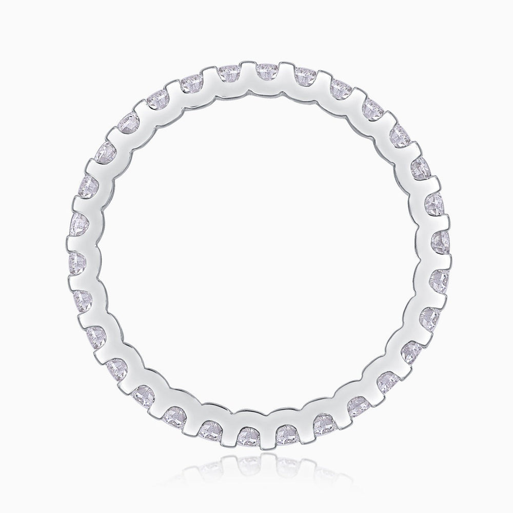 Moissanite pavé eternity band, top view with uniform round stones around the band