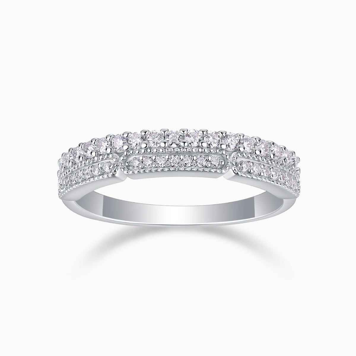 Moissanite half pavé eternity band, white gold vermeil, pavé stone row
