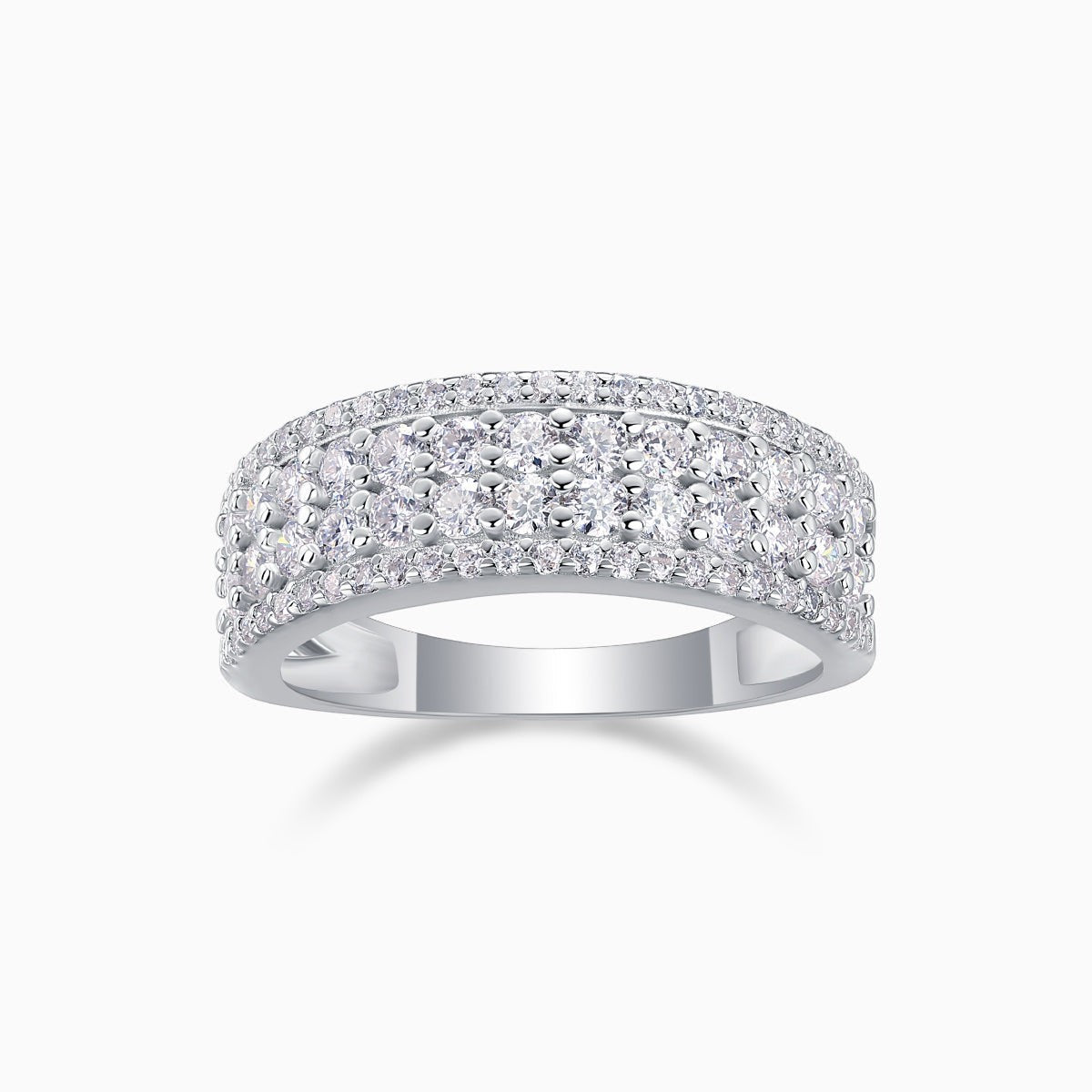 Four-row pavé moissanite eternity band, white gold vermeil, full sparkle front view