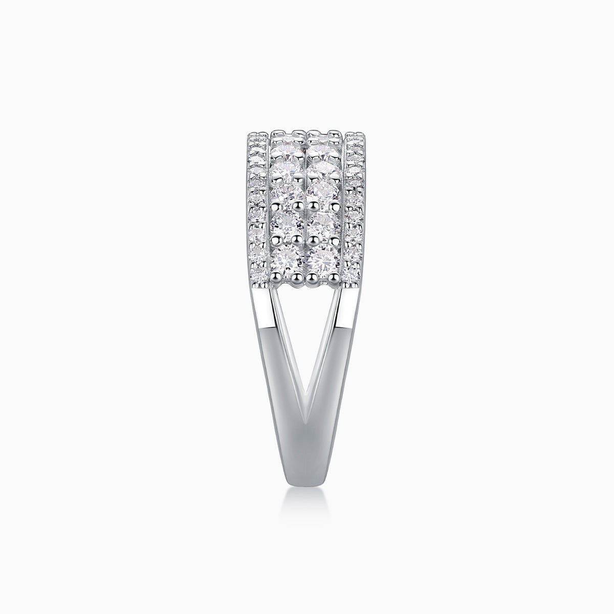 Four-row pavé moissanite eternity band, white gold vermeil, narrow V-profile view