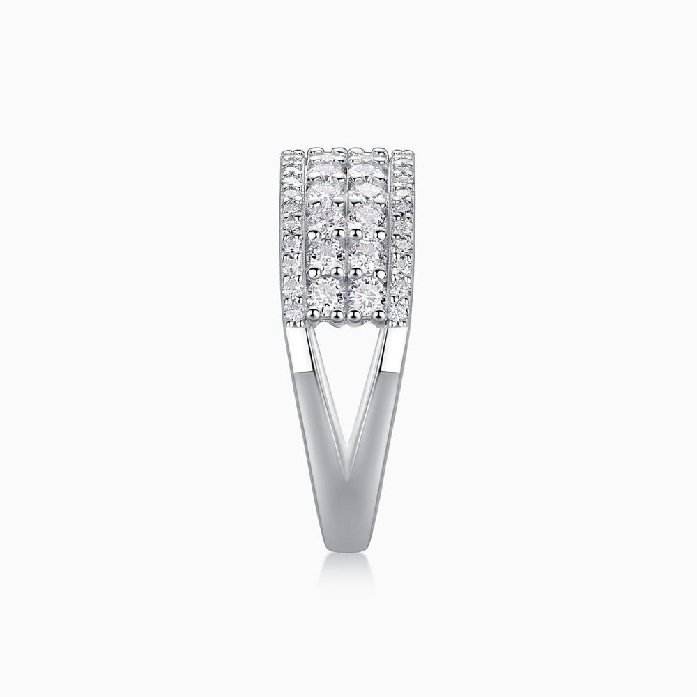 Four-row pavé moissanite eternity band, white gold vermeil, narrow V-profile view