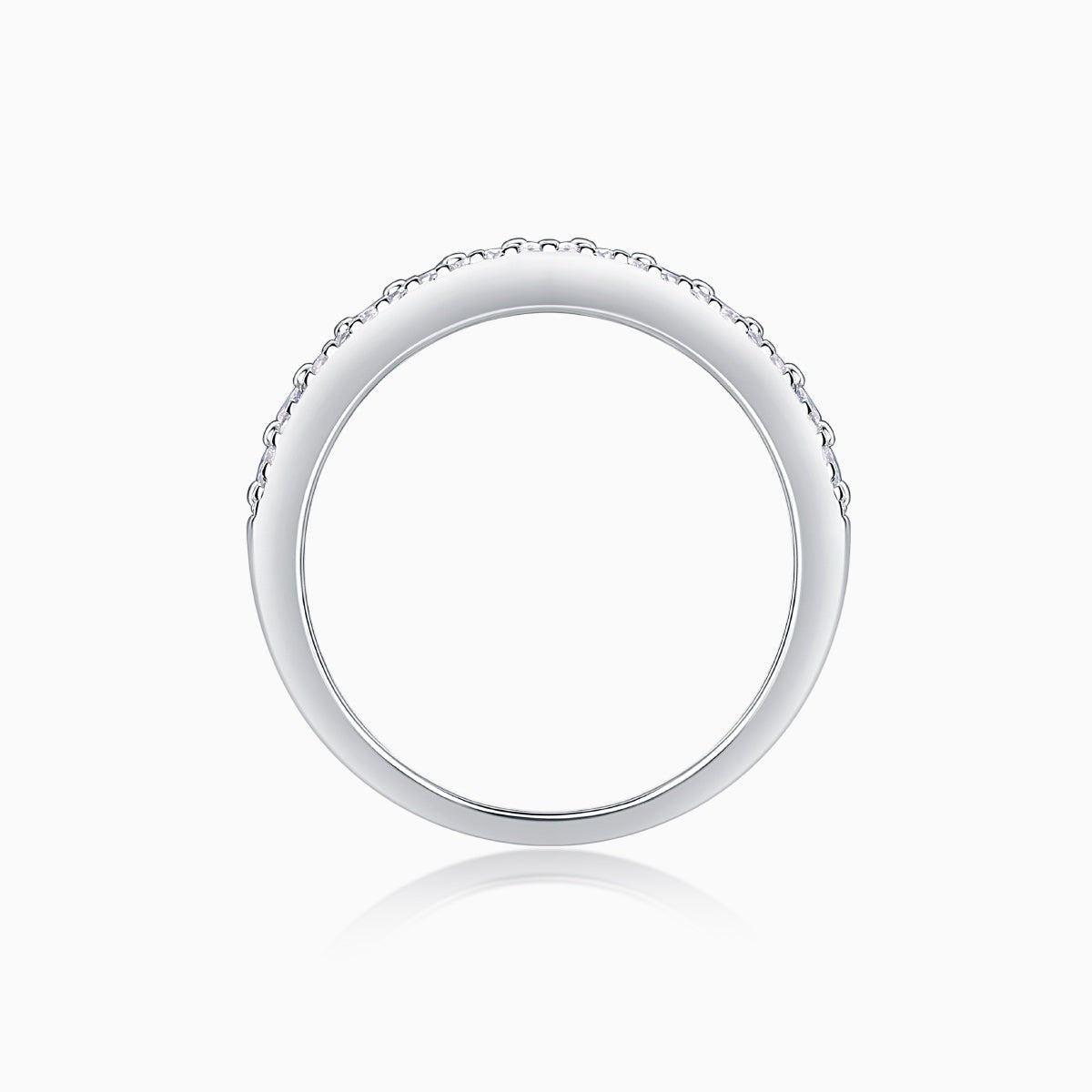 Four-row pavé moissanite eternity band, white gold vermeil, top view of band