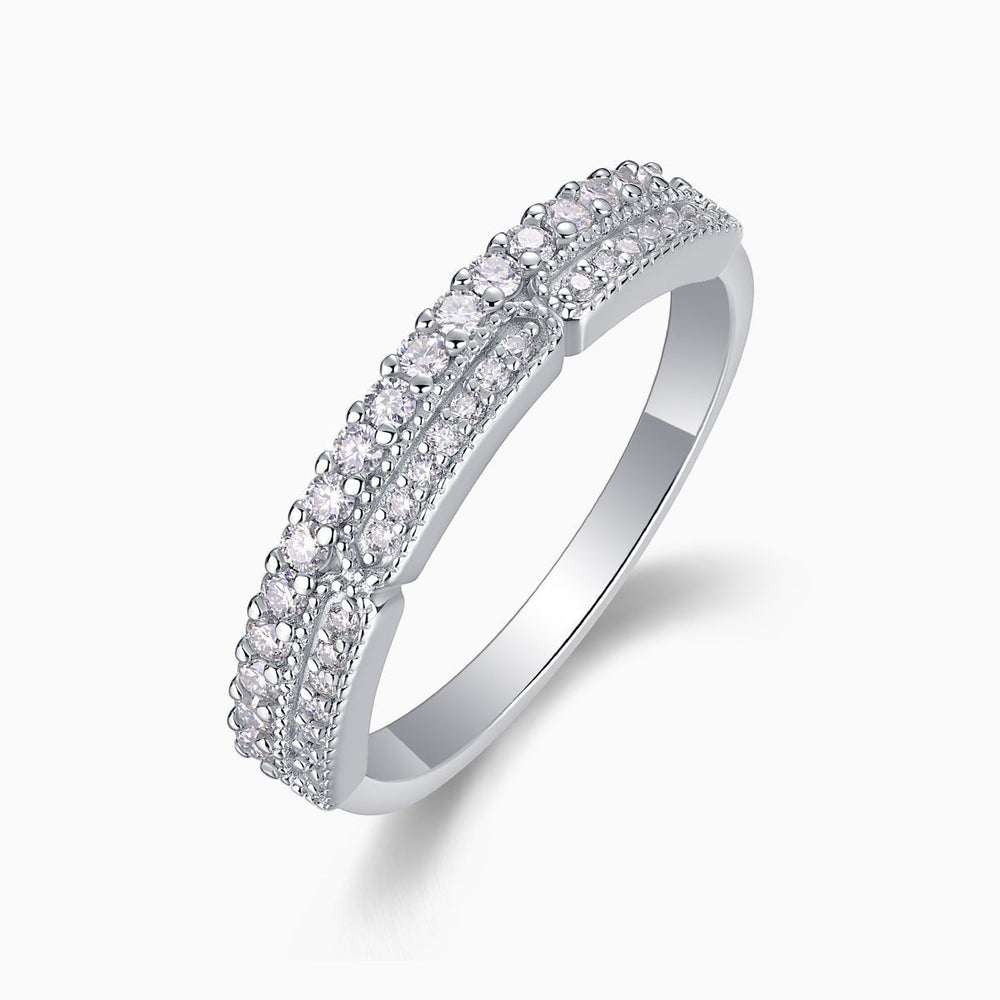 Moissanite half pavé eternity band, side angle, pavé stones, white gold vermeil
