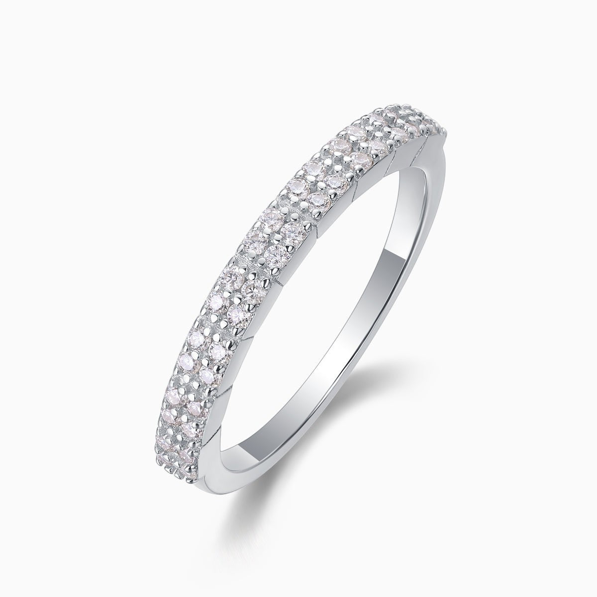 White gold vermeil moissanite half eternity band, raised pavé setting profile