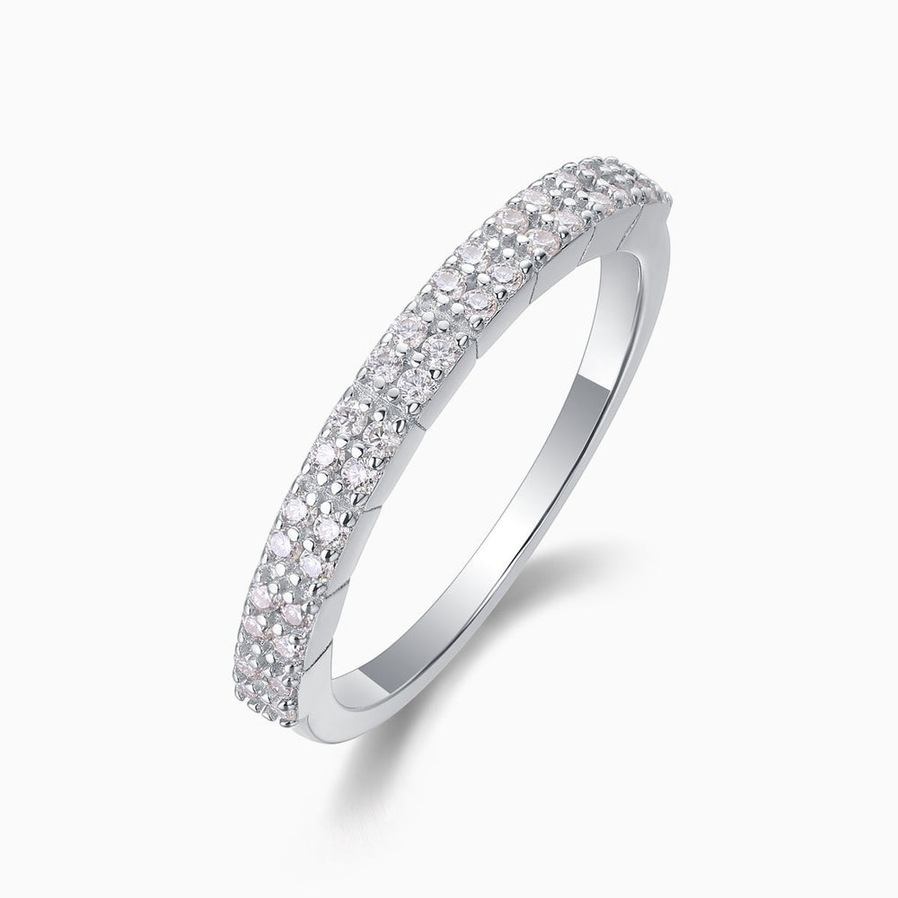 White gold vermeil moissanite half eternity band, raised pavé setting profile