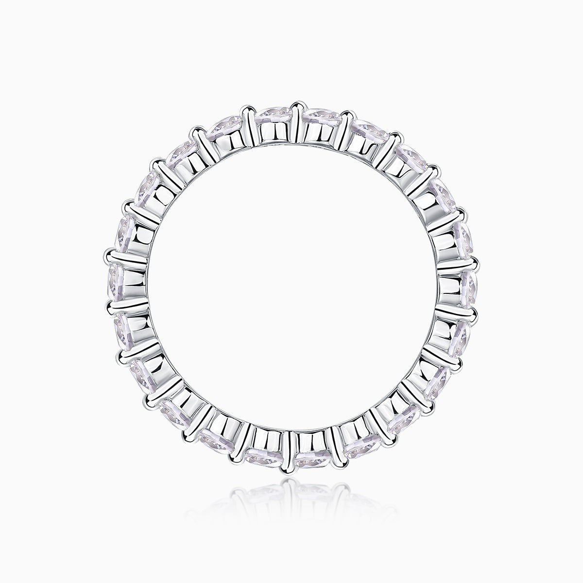Round Cut Moissanite Eternity Band, white gold vermeil open view with round stones