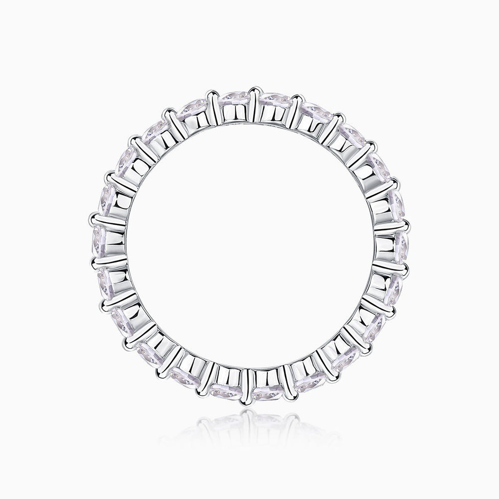 Round Cut Moissanite Eternity Band, white gold vermeil open view with round stones