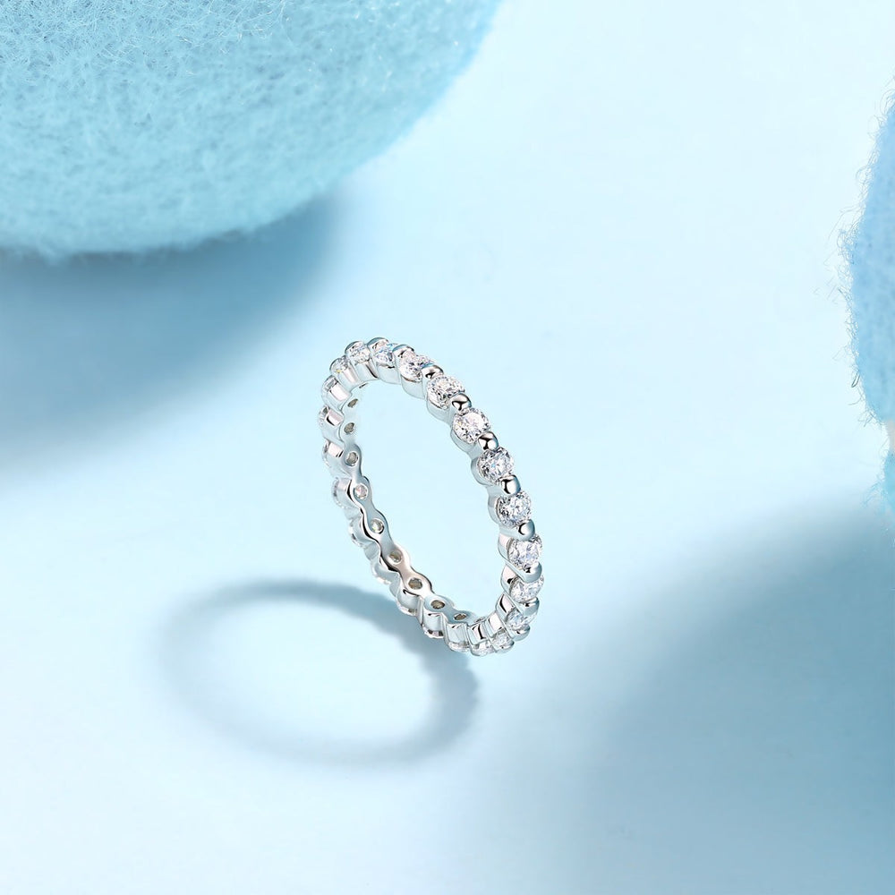 Round Cut Moissanite Eternity Band, white gold vermeil with round stone settings