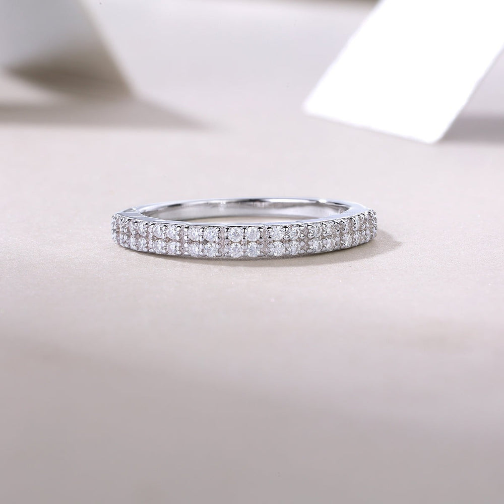 White gold vermeil half eternity band, continuous pavé row of round stones