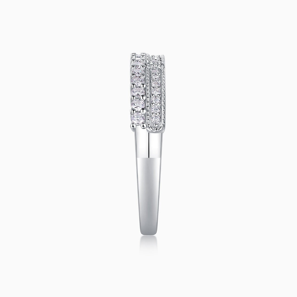 Moissanite half pavé eternity band, slim side profile with raised pavé stones