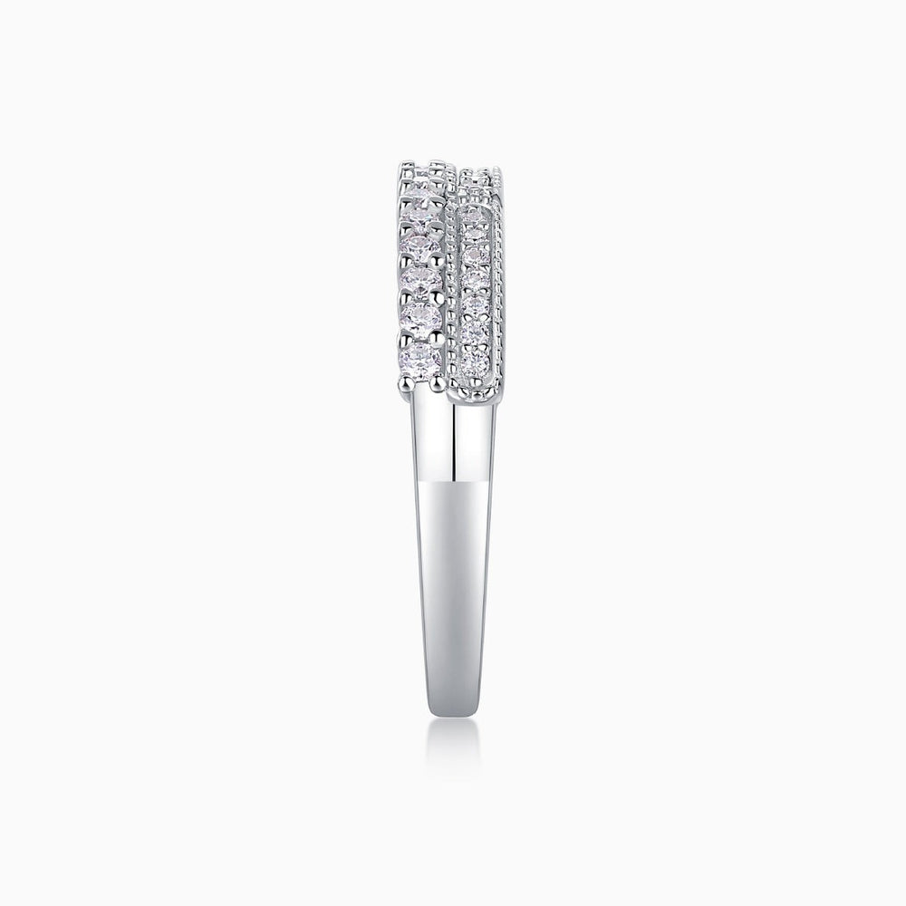 Moissanite half pavé eternity band, slim side profile with raised pavé stones
