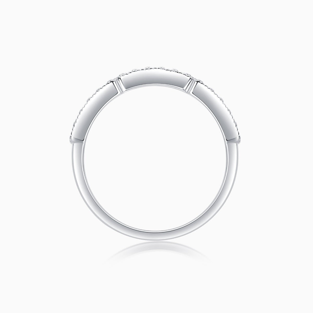 Moissanite half pavé eternity band, underside view, pavé setting, white gold vermeil