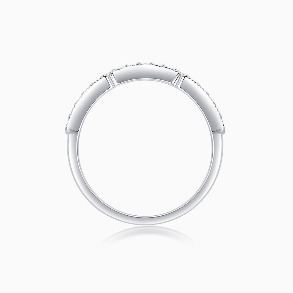 Moissanite half pavé eternity band, underside view, pavé setting, white gold vermeil