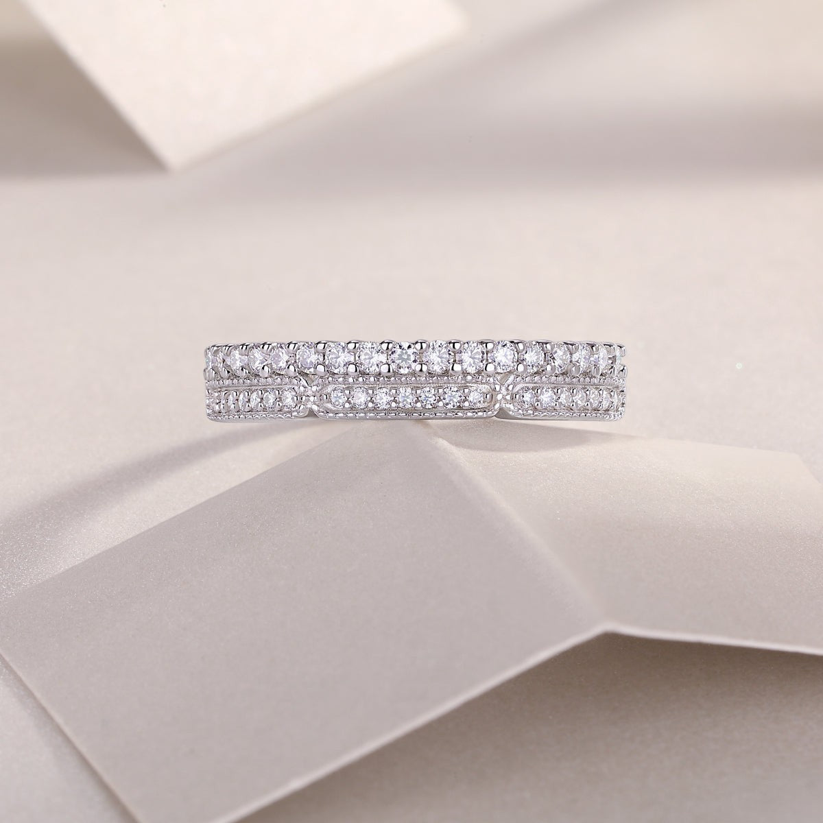 Moissanite half pavé eternity band, white gold vermeil, prong-set pavé diamonds