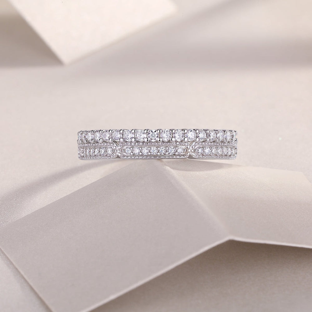 Moissanite half pavé eternity band, white gold vermeil, prong-set pavé diamonds