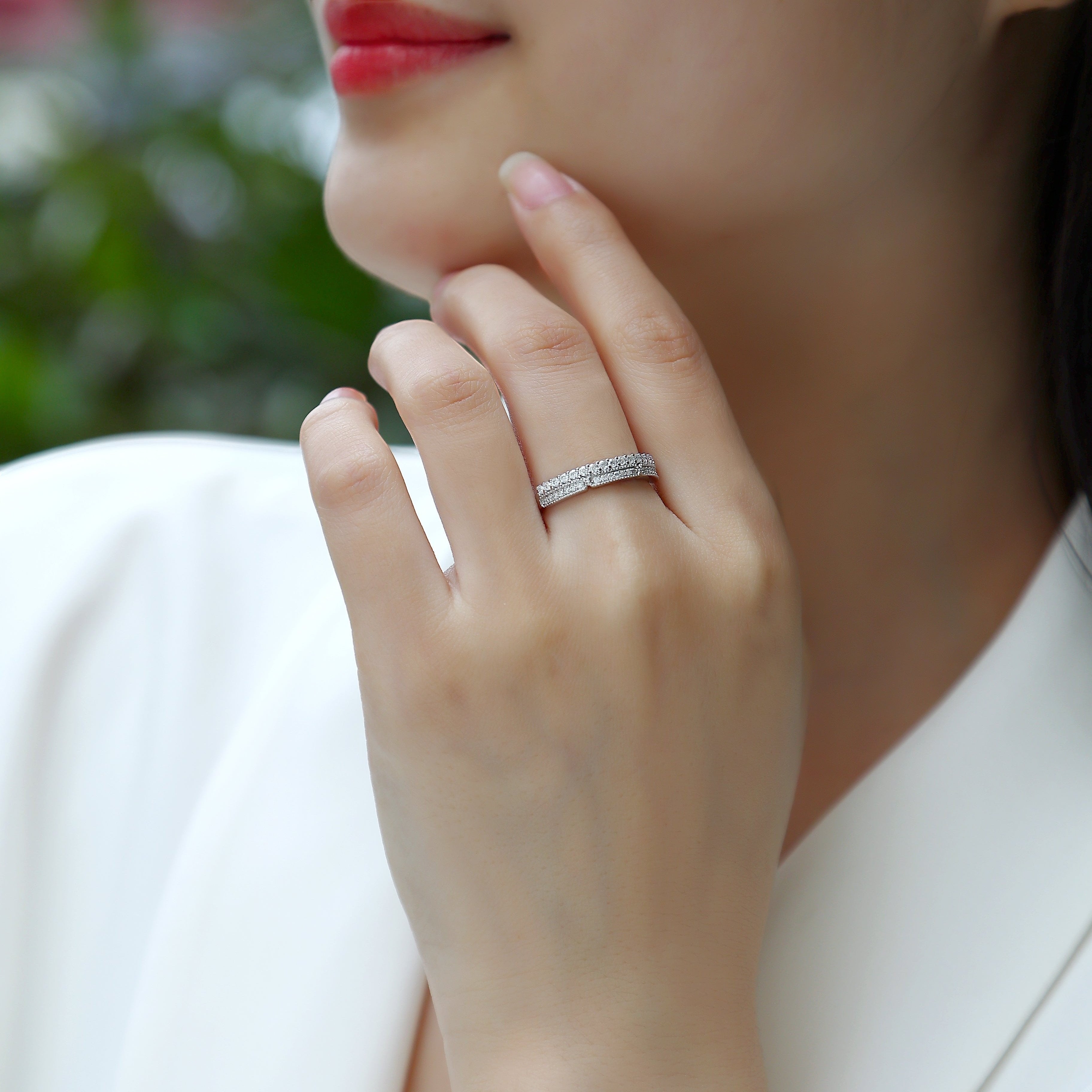 Moissanite half pavé eternity band on hand, pavé stone row, white gold vermeil