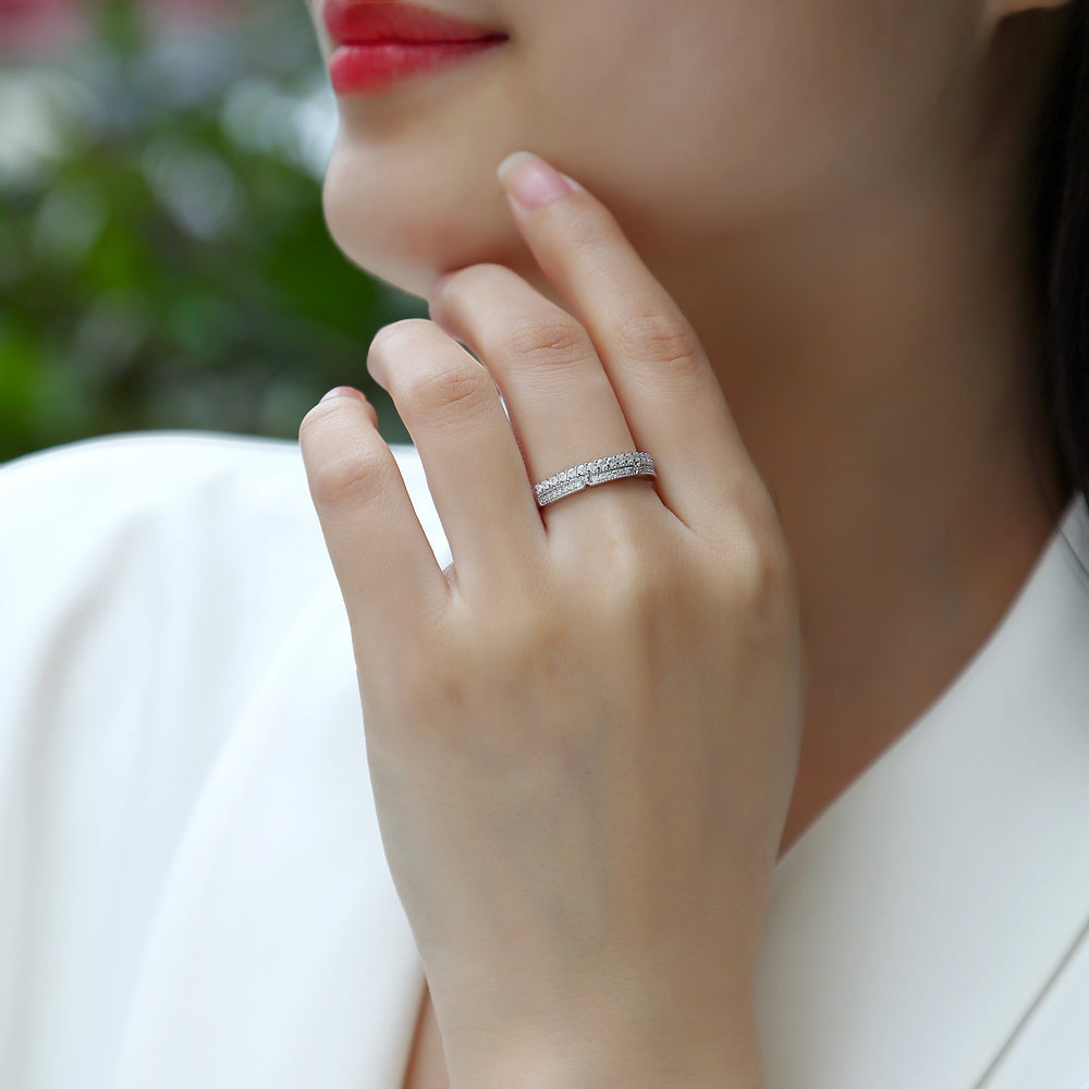 Moissanite half pavé eternity band on hand, pavé stone row, white gold vermeil