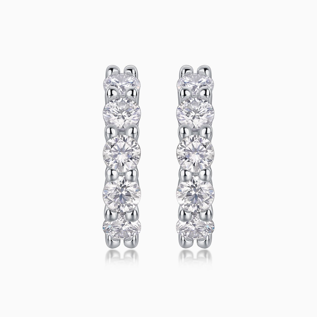 Round moissanite hoop earrings with four bezel-set round stones, white gold vermeil